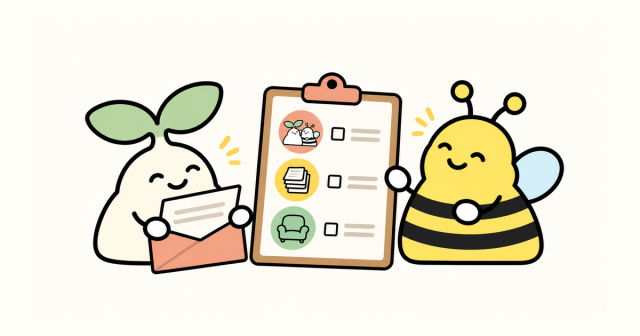 雙葉芽拿著醫療資料信封,Bee 在三項支持選項旁陪伴,一起查看可提供的協助。