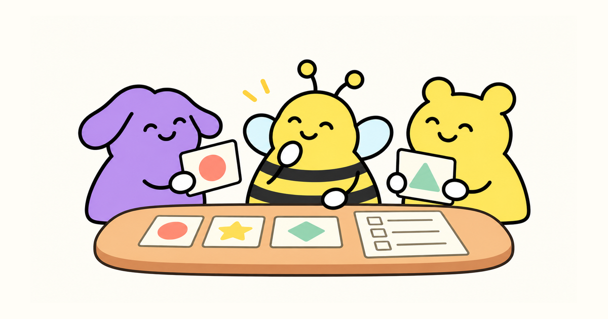 狗、Bee 與熊在完整桌面前檢視不同形狀的圖卡,並對照共同記錄表
