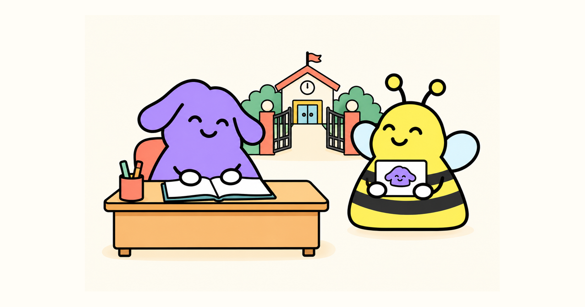 狗在完整辦公桌後核對記錄,Bee 以兩隻白橢圓手展示身份卡,後方有完整學校入口模型