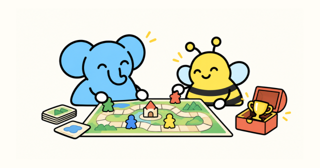 短鼻象與 Bee 一起移動合作棋盤上的棋子，獎杯收在旁邊打開的箱子內