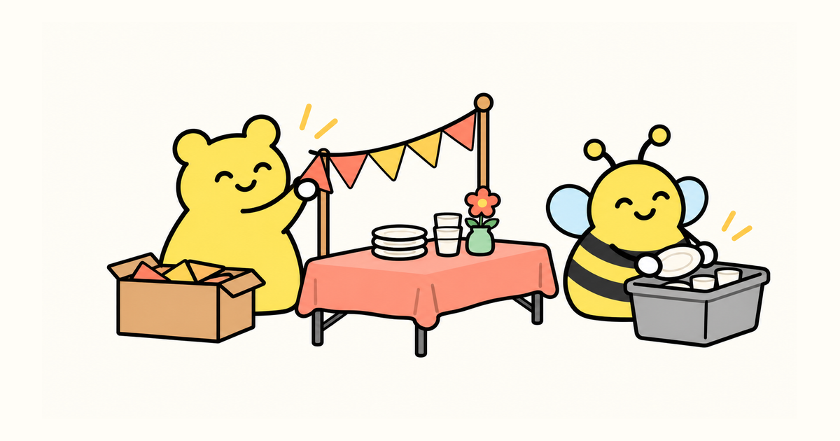黃熊與Bee分擔聚會善後，分別收起旗幟、餐具與物資箱