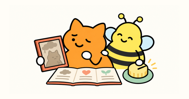 橙色貓拿著描繪過往受傷感受的相框，Bee 在旁陪伴，前方放著情緒需要記錄與可調整的旋鈕。