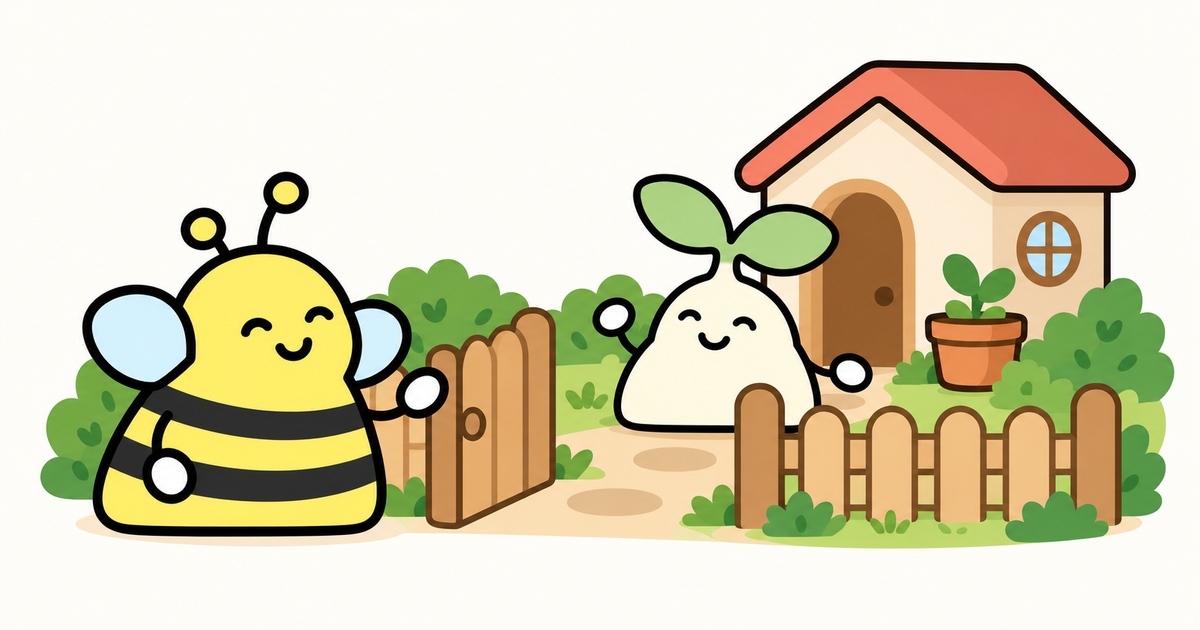 雙葉芽與 Bee 位於花園界線兩側，中央的門保留可選擇的通道