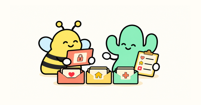 Bee與仙人掌在分層資訊信封旁查看有鎖的病況卡及必要支援清單