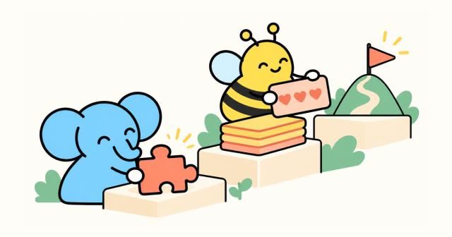 短鼻象放置單片拼圖，Bee 在較高的平台展示卡片，旁邊有重複卡片與方向旗