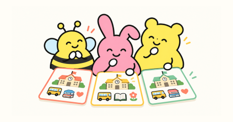 Bee、兔子和熊一起查看三張學校卡，卡上以校舍、校巴、書本和花朵表示不同考慮