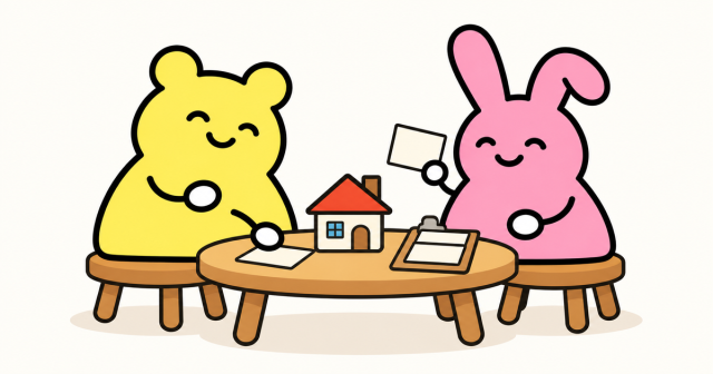兩個原創角色與清單夾板及房屋圖案的插畫