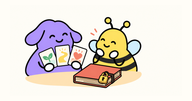 紫色狗展示葉子、道路與心形故事卡，Bee 在一旁聆聽，前方放著合上加鎖的相冊