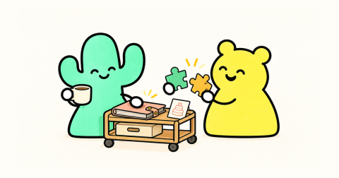 仙人掌合上婚禮計劃簿,黃熊拿著拼圖片,兩人轉向輕鬆相處。